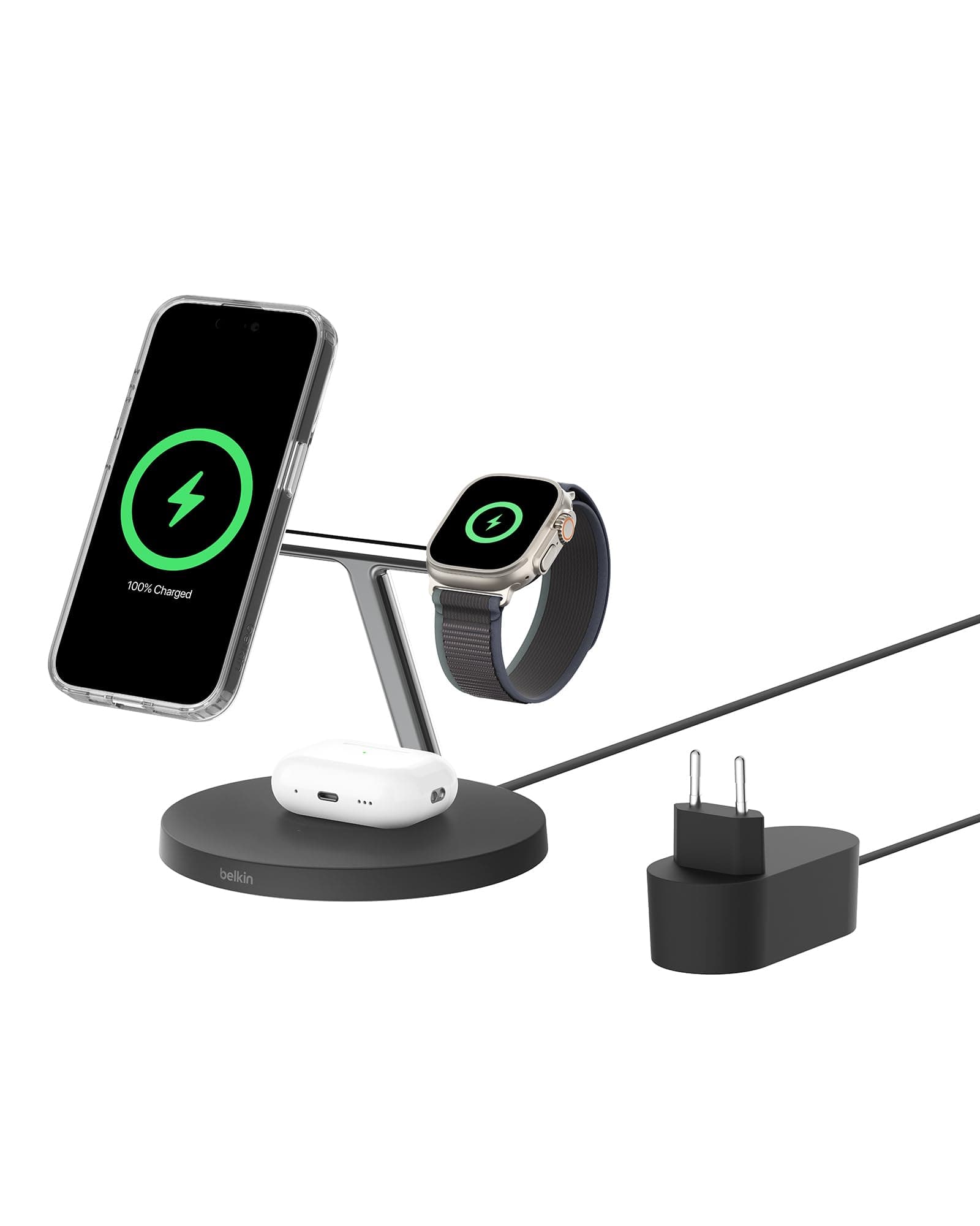 Belkin BoostCharge 3 in 1 Qi2 Wireless Charger, MagSafe Charger, Induktive Ladestation mit Qi2 für Apple iPhone 16 Series, Apple Watch, AirPods, rutschfeste Basis mit Netzteil - Schwarz