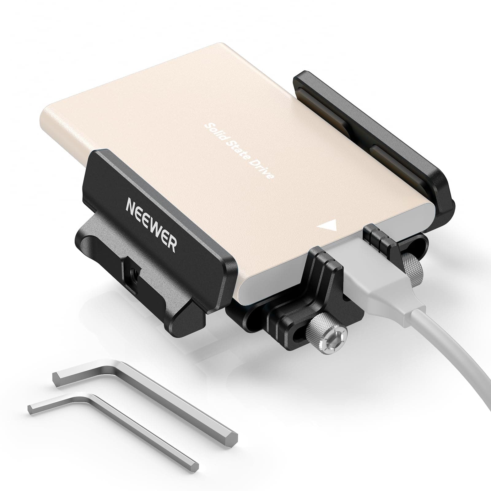 NEEWER Halterung SSD Halterung Aluminium, mit Cold Shoe, Kabelklemme, 1,6"-2,6"/40mm-65mm, kompatibel mit Samsung T5 T7 SSD SanDisk, kompatibel mit SmallRig Cage für BMPCC 4K 6K für Sigma FP, UA035