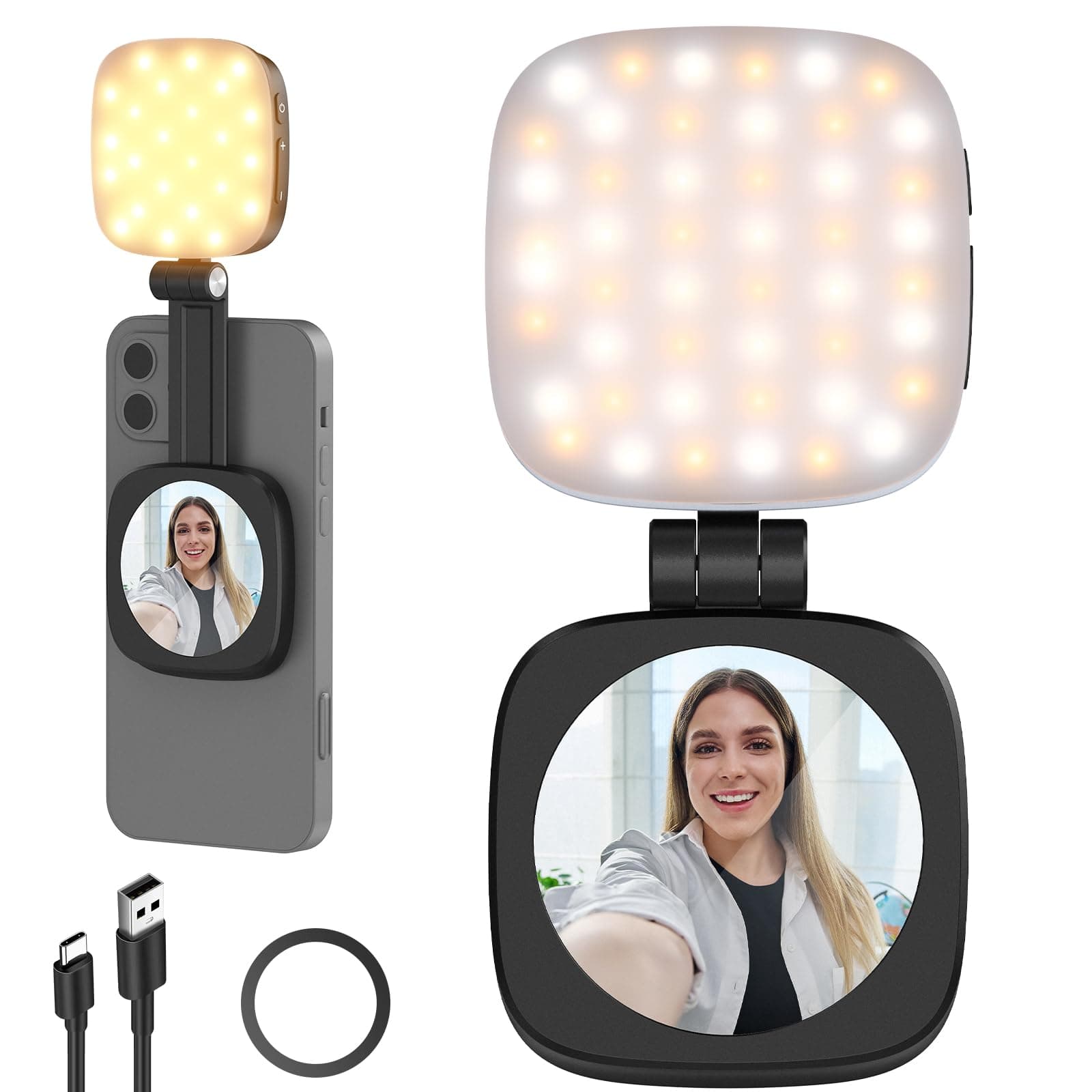NEEWER Magnetisches Selfie Licht kompatibel mit iPhone MagSafe CRI95 700lx/0,3m Faltbare LED Handy Füllring Beleuchtung mit Ständer/Spiegel für Zoom Make up Fotografie Aufnahme NL48B,Schwarz