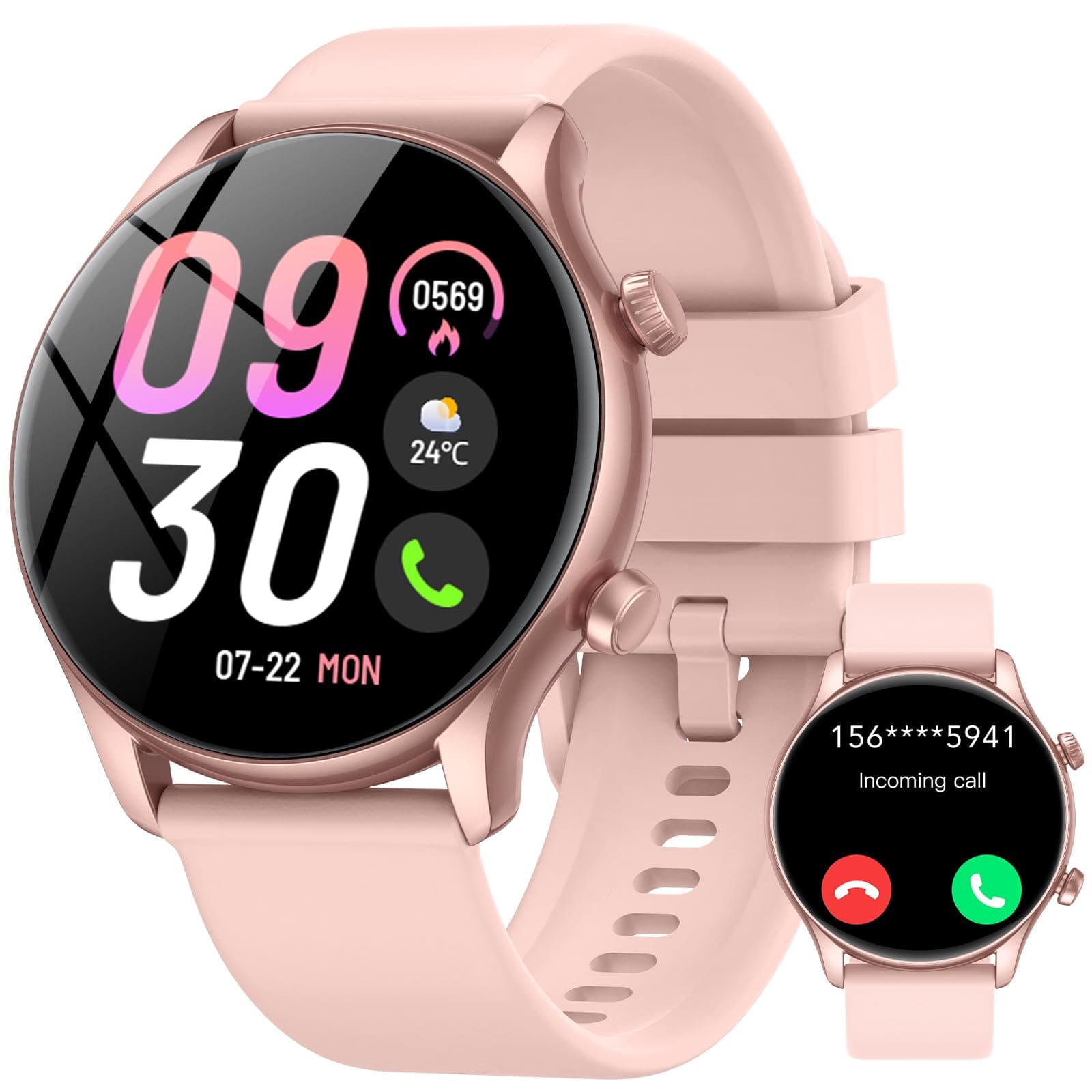 vamout Smartwatch Damen Rund mit Telefonfunktion,1.39" HD Uhr Damen,Fitnessuhr Damen100+ Sportmodi,Smart Watch mit SpO2 Pulsuhr Schlafmonitor,IP68 Wasserdicht,Watches für iOS Android, Roségold