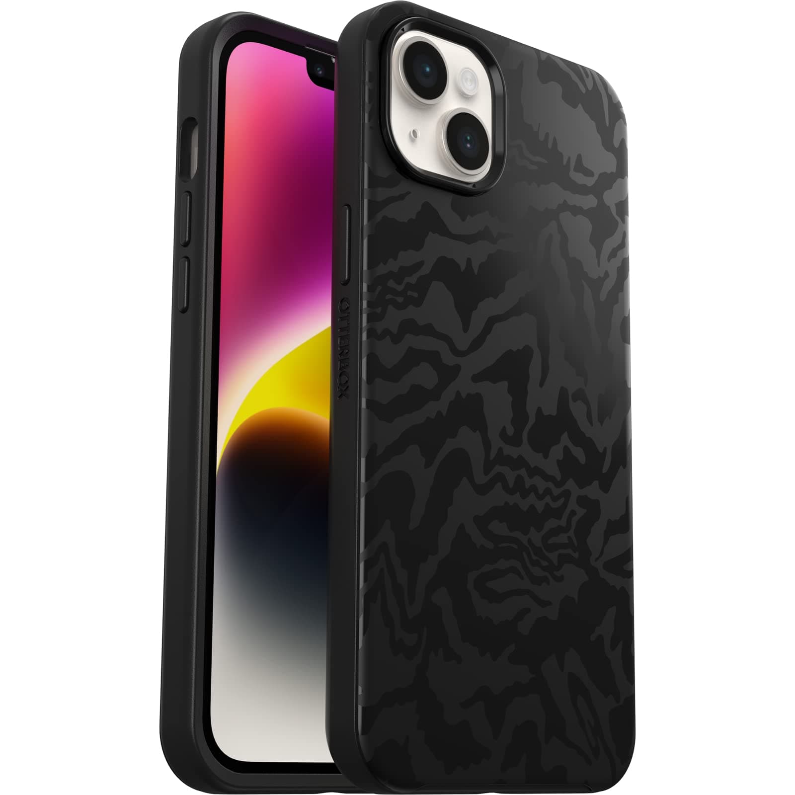 OtterBox Symmetry+ Hülle für iPhone 14 Plus mit MagSafe, stoßfest, sturzsicher, schützende dünne Hülle, 3X antimikrobieller Schutz, Schwarz/Fabric