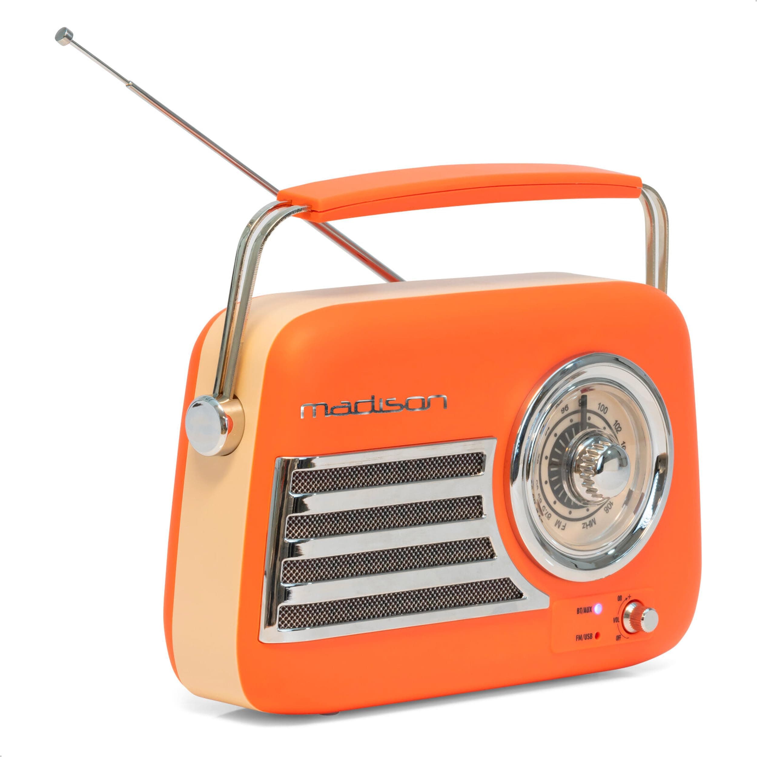 Madison - FREESOUND-VR40OR-MAT - 30W Vintage-Radio mit langem Akku - Bluetooth, USB & FM - Orange matt - Vintage, Nostalgie, Retro