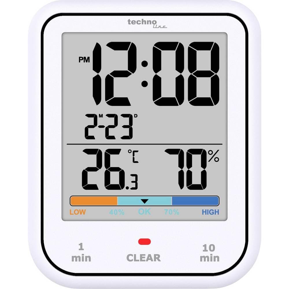 Technoline WT380 Digitale Badezimmeruhr mit Hygrometer und Thermometer | wasserdicht| Duschtimer | Countdownfunktion | großes LCD-Display | mit Datumsanzeige | weiß