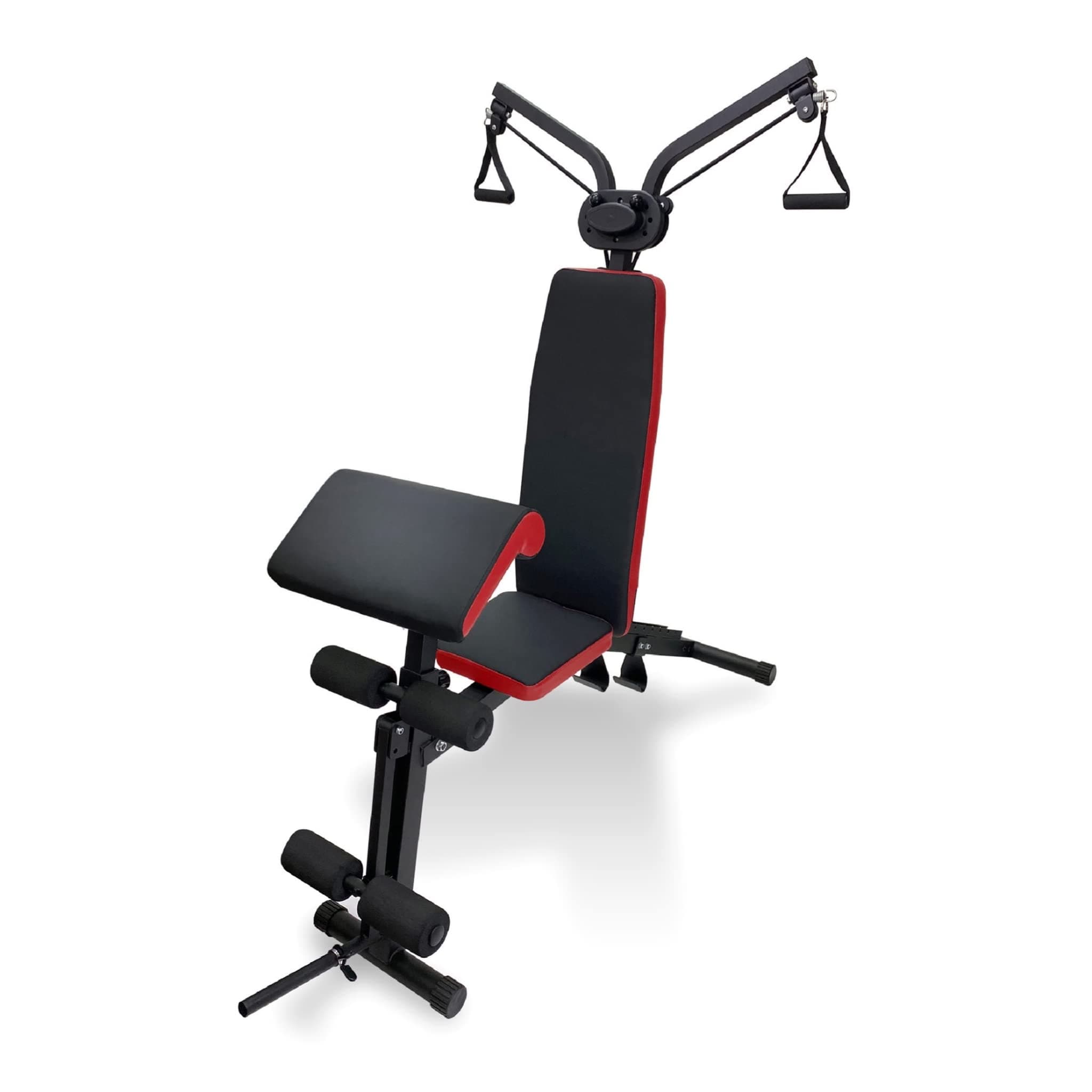 Ultrasport multifunktionaler Krafttrainer, für vielseitige Workouts und Ganzkörpertraining, mit Flaschenzug/Widerstandsbänder-Erweiterung und Curl-Pult, Farbe: schwarz-rot