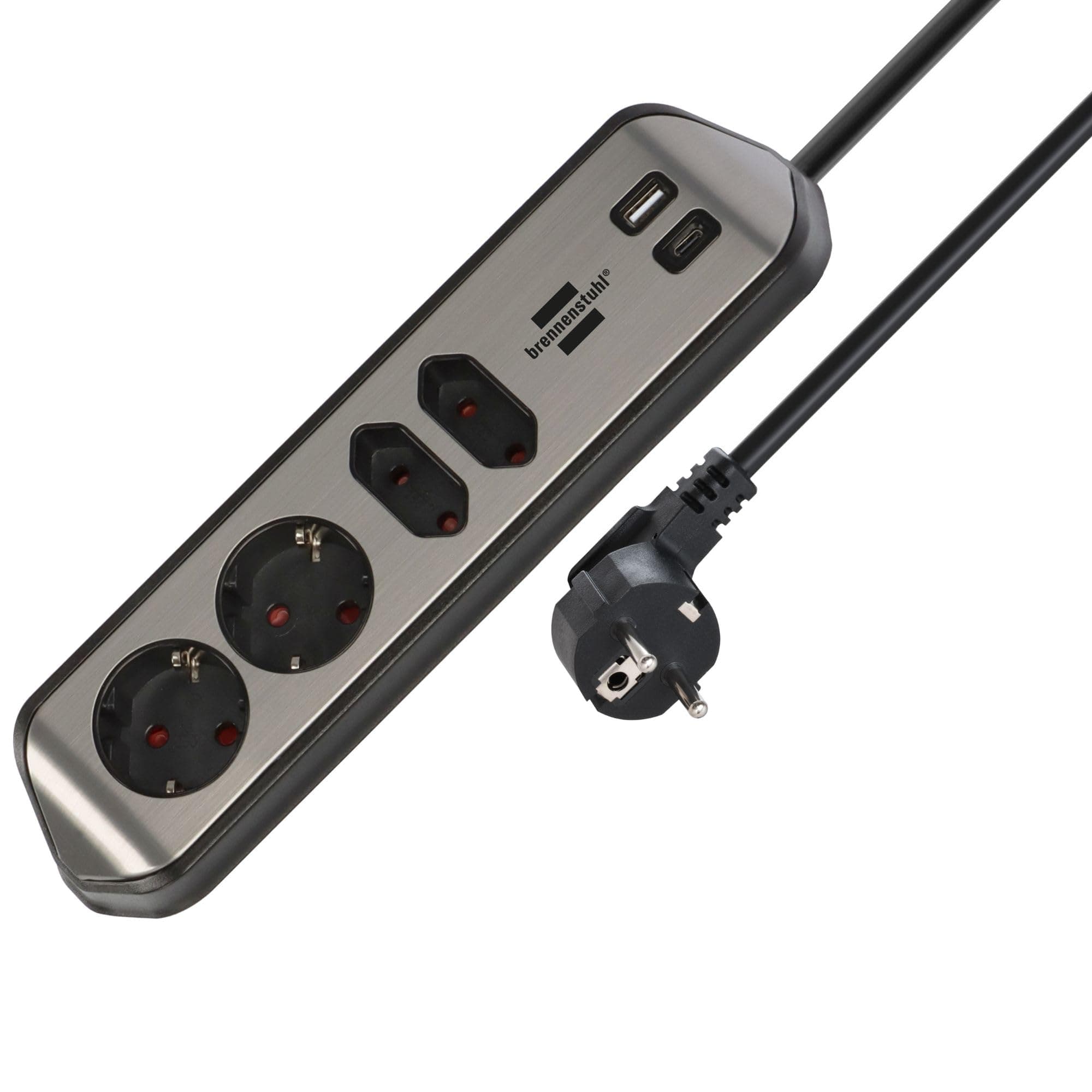 brennenstuhl®Estilo Ecksteckdosenleiste 4-Fach mit USB A und USB C PD 30W (Tischsteckdose für Küche und Büro, Ecksteckdose mit 2X Schutzkontakt-Steckdosen, 2X Euro-Steckdosen) Silber/schwarz